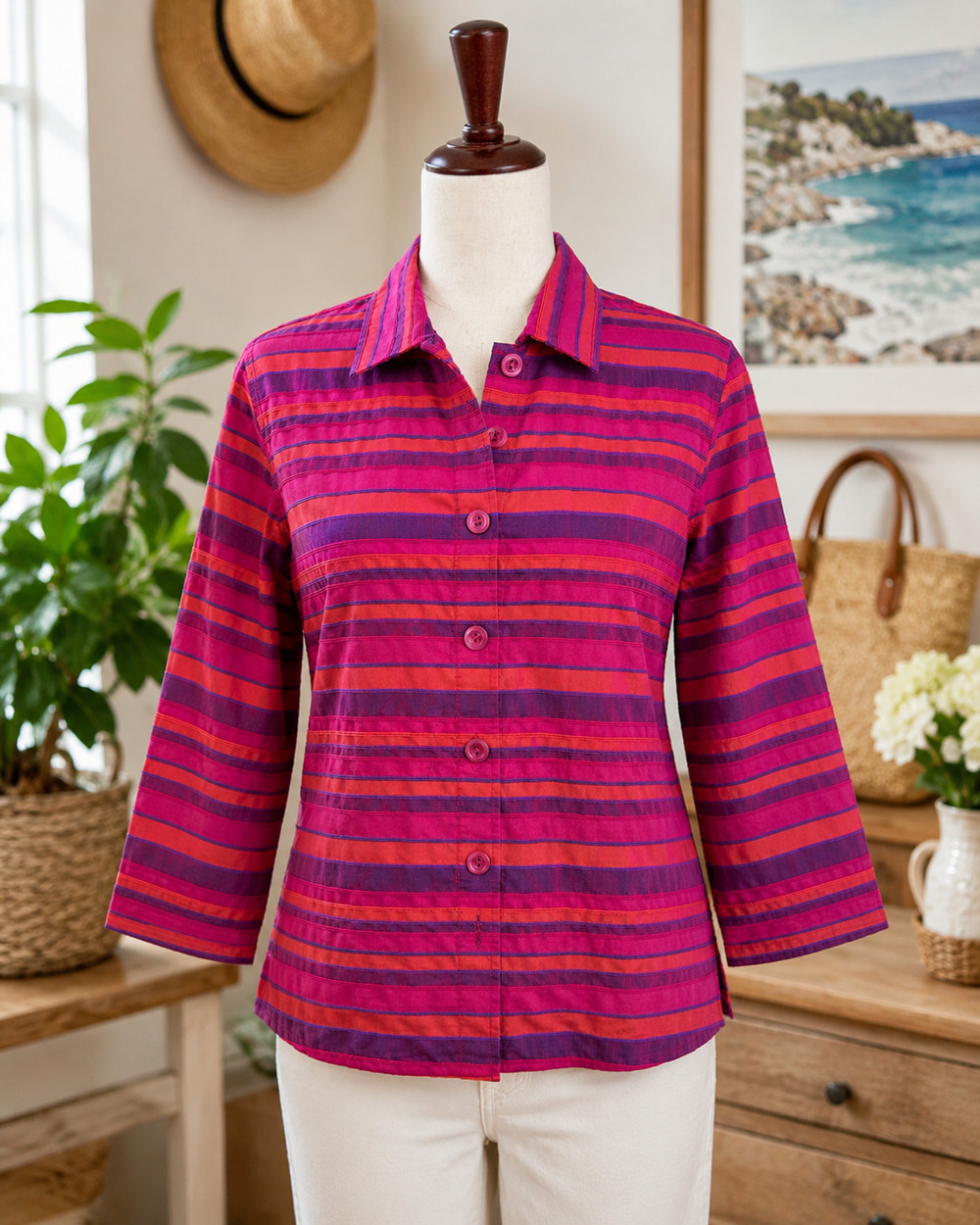 c.l.o.t.h.e.s. Women's Small Striped Button Front Shacket Pink Purple 3/4 Sleeve